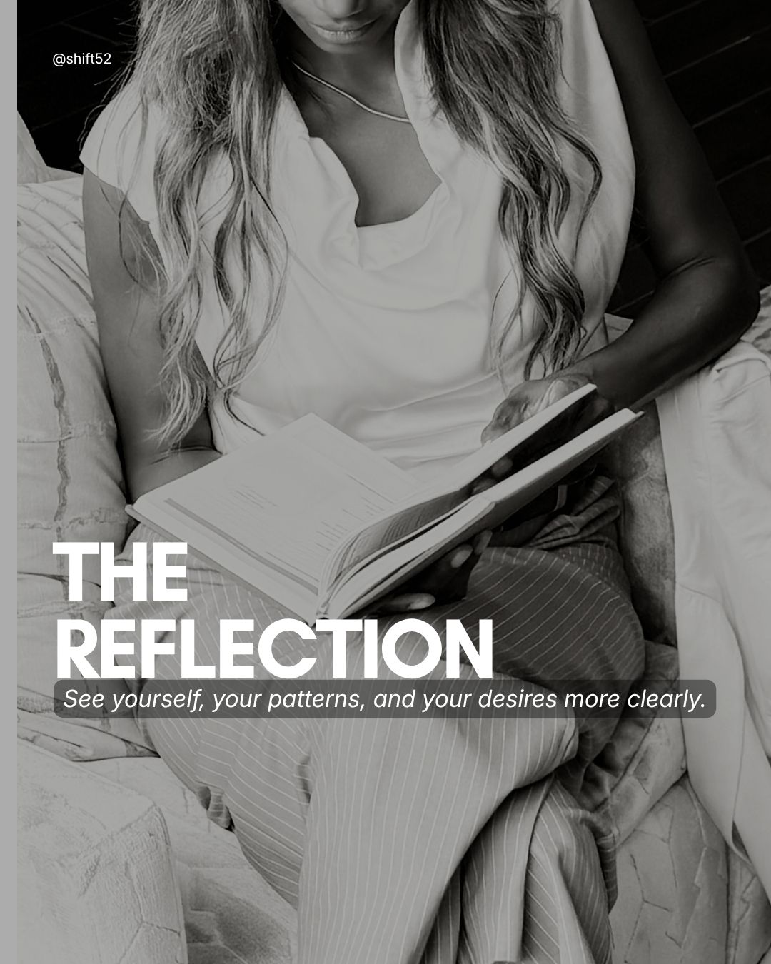 A woman reading the open Reflection Journal